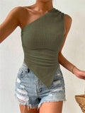 Spring And Summer New Single Shoulder Asymmetric Knitted Sleeveless Top T-Shirt