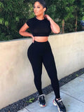 Solid Casual Sporty Two Piece Lounge Sets Women Short Sleeve Tee And Leggings Matching Set Workout Active Wear