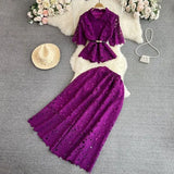 Luxury Retro Temperament Female Short-Sleeved Single Buckle Shirt High-Rise Half-Dress Two Sets Of Lace Fashion