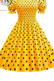 Dot Party Dress Elegant Women Summer Puff Short Sleeve Square Collar Elastic Waist Vintage Midi Sundress Casual