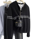 Striped Wool Knitted Cardigan Women's Autumn Coat 2025 New Spliced Sweater Jacket Bottom Shirt