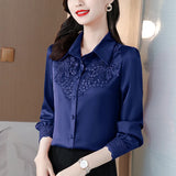 Spring 2025 New Shirt High-End Satin Stitching Lace Long-Sleeved