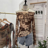 Graffiti-Printed Shoulder-Threin Mesh Long-Sleeved Blouse Side Drawstring Tethered With Slime T-Shirt