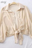 2023 Summer Half Sleeve Buttoned Up Shirt Loose Casual Blouse Chiffon Shirts Women Tied Waist Elegant Blouses for