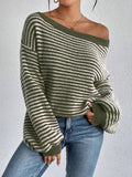 Temperament Collar Spring And Autumn Knitted Sweater Classic Stripe Bump Color Cover Casual