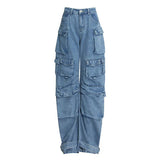 Zingj Spring And Autumn New Fashion Smoke Gray Splicing Multi-Pocket Cargo Pants Street Water To Make Old Long Wide-Leg