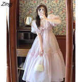 Sleeve Dress Women Ball Gown Bow Midi Young Princess Tender Sweet Holiday Summer Classic Retro French Style Mujer