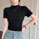 Zingj Collar Short-Sleeved T-Shirt Women's Summer 2024 New Bottom Shirt With Slim Short Student Pleated