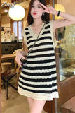 Sleeveless Black White Striped Knitting Dress Korean Loose Ladies Womens Mini Dresses 2023 New Woman Midi Slip