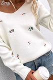 Winter Women's V Neck Sweater Flower White Long Sleeve Warm Knitted Sweater Women Green Embroidered Sweater for