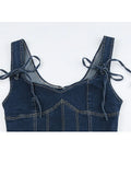 Blue Denim Tank Top for Women Sleeveless Off Shoulder Y2k Bandage Lace Up Crop Tops Vintage Korean Fashion T-shirts
