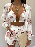 Summer 3 Piece Set Outfits Women Fashion Sexy Beach Style Printed Suspender Shirt Shorts Suit Three Piece Set