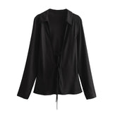 2025 New Women's Loose Bow Trim Silk Satin Texture Shirt Women