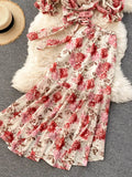 Pink/Blue Floral Print Chiffon 2pcs Set Women Summer Bandage Short Tops + High Waist Mermaid Skirt Female Sets 2023