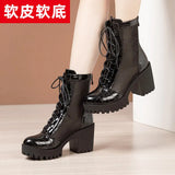 Leather Net Gauze Martin Boots Summer 2023 New Waterproof Table Large Size Round Head High Heels With Lace-Up