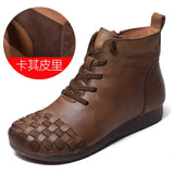 Time 138] National Wind Leather Hand-Woven Flat Bottom Short Boots Cow Skin Boots Soft Bottom Women's Cotton