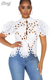 Casual Lantern Short Sleeve Stand Collar Shirts Sexy Lace Hollow Out Short Blouse Female Elegant Red White Loose