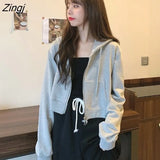 Hat Hoodies Chic Autumn Trendy Korean Solid Zip-up Ladies Cropped Hoodie All-match Loose Popular Womens Sweatshirts