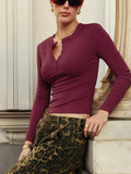 Buttoned Long Sleeve Solid Top- Outfit