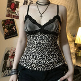 Leopard Splicing Lace Small Sling Sexy Vest Babes Design Boobs Type Low Collar Repair