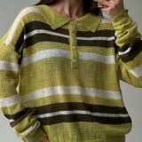 Striped Knitted POLO Shirt Collar Collar Sweater Loose Leisure Lazy Style New Women's