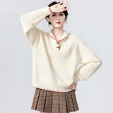 Sweater Women's New Loose Lazy Horn Buckle Knitted Shirt Tops In Autumn And Winter
