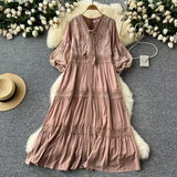 Retro Court Style Dress Women's Summer New High-End Temperament Splicing Lace Embroidered Long-Sleeved