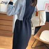 Dress Women Vintage Chic Ulzzang Simple Patchwork Long Sleeve Ladies Fashion Spring Loose Lovely Girls Vestido new