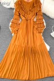 Vintage Women Pleated Party Long Dress Elegant Round Neck Lantern Sleeve High Waist Ruffle Draped Maxi Vestidos