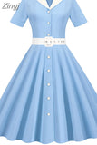Turn-down Collar Blue Summer Dress Women Elegant Short Sleeve Solid Office Party Midi Sundres A-line High Waist