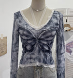 Shot Micro-Permeable Mesh Butterfly Print Splicing Lace Hanging Neck Horn Long-Sleeved T-Shirt Repair Short Top
