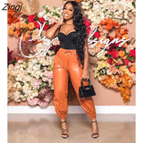 Drawstring PU Leather Joggers Pants Women Harem Trousers Solid Color High Waist Slim Long Pants Elegant Lady