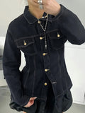 Water-Washed Denim Shirt Coat Split Design Design Display Waist Line Long-Sleeved Casual Women's