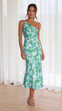 Zingj Summer New Stylish Temperament Diagonal Collar Sling Fishtail Print Dress