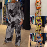 New Women's Temperament Elegant Print Bat Sleeves Wide Leg Trousers Fashion Set