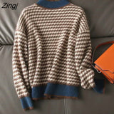 Women Houndstooth Half-turtleneck Loose Soft Long Sleeve Knitted Elegant Vintage Retro Biritish Style Lady