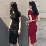 Zingj / Summer 2024 New Korean Version Ins Wrap Hip Skirt Sexy Medium Long Slit Short Sleeve Back Bottom Dress