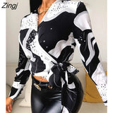 Women Casual Spring Autumn Fashion Elegant Star Print Tie Front Wrap Top V Neck Long Sleeve Colorblock
