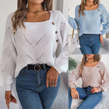 2025 Casual Square Collar Button Solid Color Hollow Lantern Sleeve Sweater Temu Women's