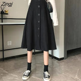 Skirts Women High Waist Elastic Button Friends Korean-style All-match Mid-calf College Slim Female Elegant Юбка