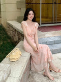Xixi 2025 Summer New Korean Version High Waist Vacation Wearing Dress V-Neck Printed Pure Desired Skirt