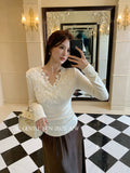 Xixi 2025 Autumn White Label New Temperament Flower V-Neck Wool Bottom Shirt 100 Top Women