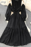 Vintage Women Hollow Out Long Dress Elegant Ruffle O-Neck High Waist A-Line Big Swing Party Vestidos Female New