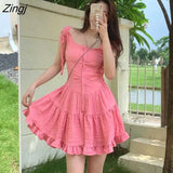 Kawaii Princess Dress Women Pink Fairy Ruffles Party Mini Dress 2021 Female Summer Korean Puff Sleeve Slim Sweet
