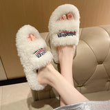 Slippers Women Wear 2025 New Letter Embroidered Thick Bottom Lamb Hair Autumn Winter Flat Letter