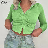 Women Solid Color Close-fitting T Shirt Turn-down Collar Long Sleeve Crop Tops Blue/ Green/ Khaki/Black/White 2023