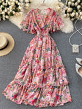 Women Floral Printed Long Dress Sexy V-Neck Short Sleeve High Waist Ruffle Beach Vacation Vestidos Female Maxi Robe