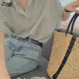 Women Striped Leisure Summer New Fashion Turn-down Collar Elegant All-match Soft Simple Vintage Female Korean Style