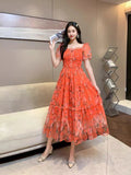 Gentle Wind And Rags Retro Tea Chiffon Dress Female Waist Temperament Shoulder Bubble Sleeve Mesh