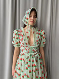 Women Party Long Dress Short Sleeve V Neck Tie-up Front High Waist Fruit Sequins Ruffle Tulle Hem Princess Dress